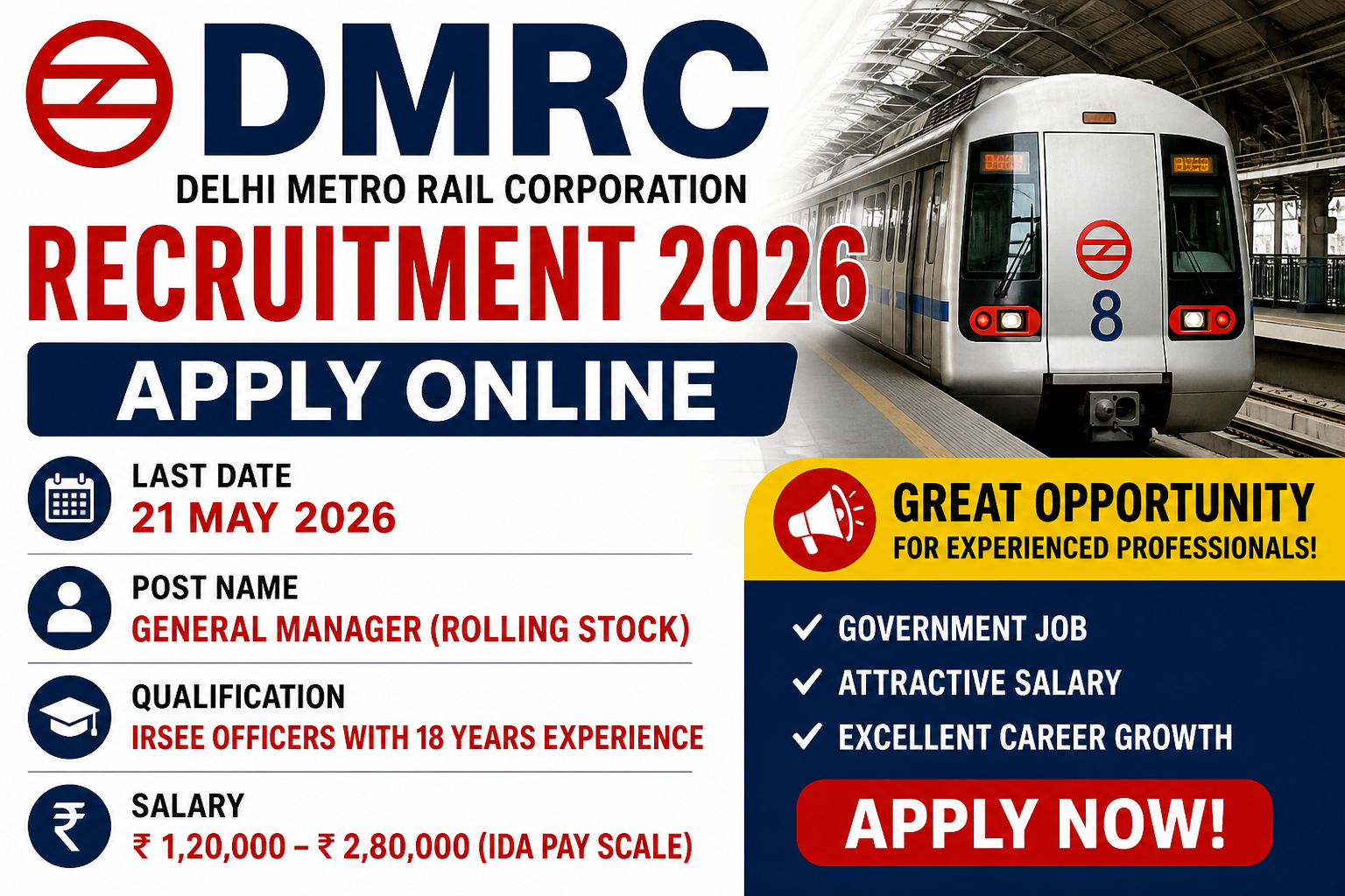 DMRC Recruitment 2026 Apply Online, Last Date, Eligibility